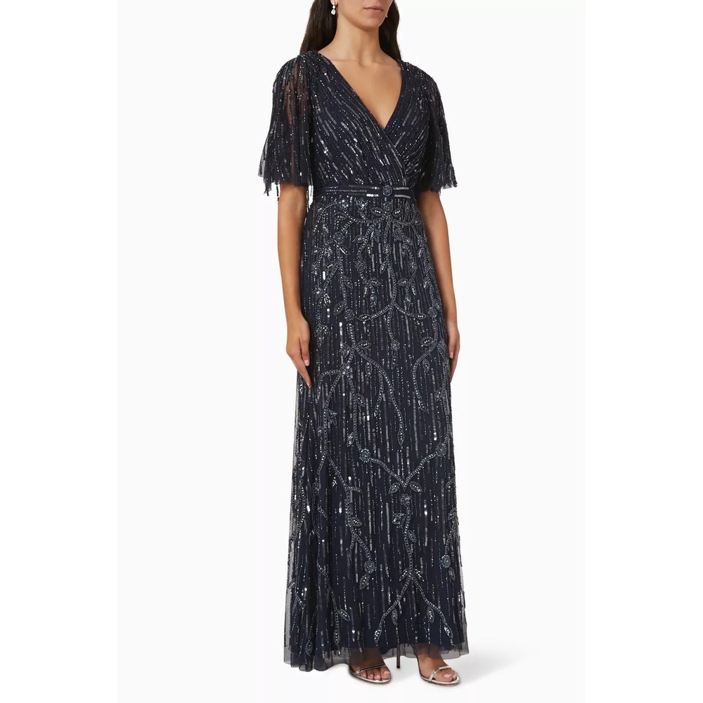Mac Duggal NEW Navy Embellished Cap Sleeve Faux Wrap Trumpet‎ Gown $698 Size 12 - Picture 2 of 16